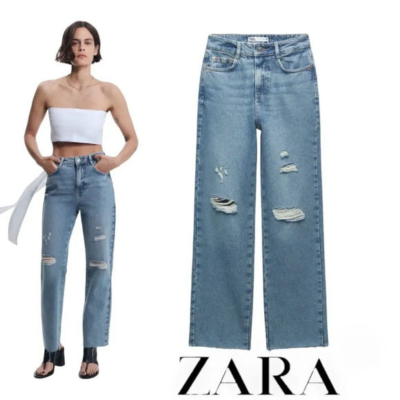ZARA | Mid Blue | HIGH RISE Z1975 STRAIGHT LEG JEANS - Picture 1 of 12